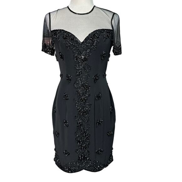 BLACK TIE Womens 4 Black Vintage Beaded Short Sleeve Cocktail Dress OLEG CASSINI - Picture 1 of 11